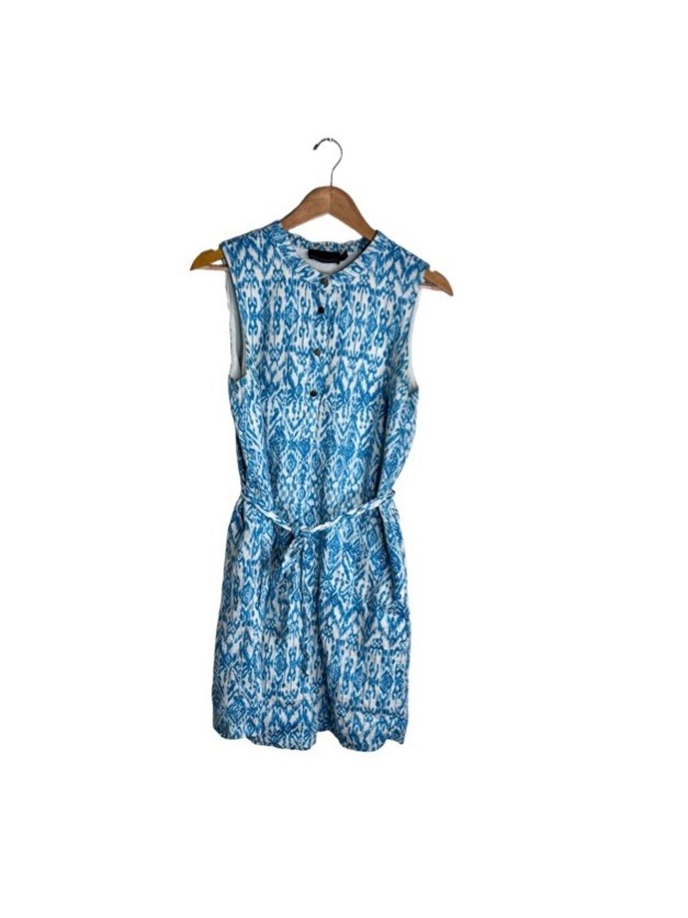 Cynthia Rowley Linen Dress Sleeveless Size 10 Turquoise Pattern White Tie Belt